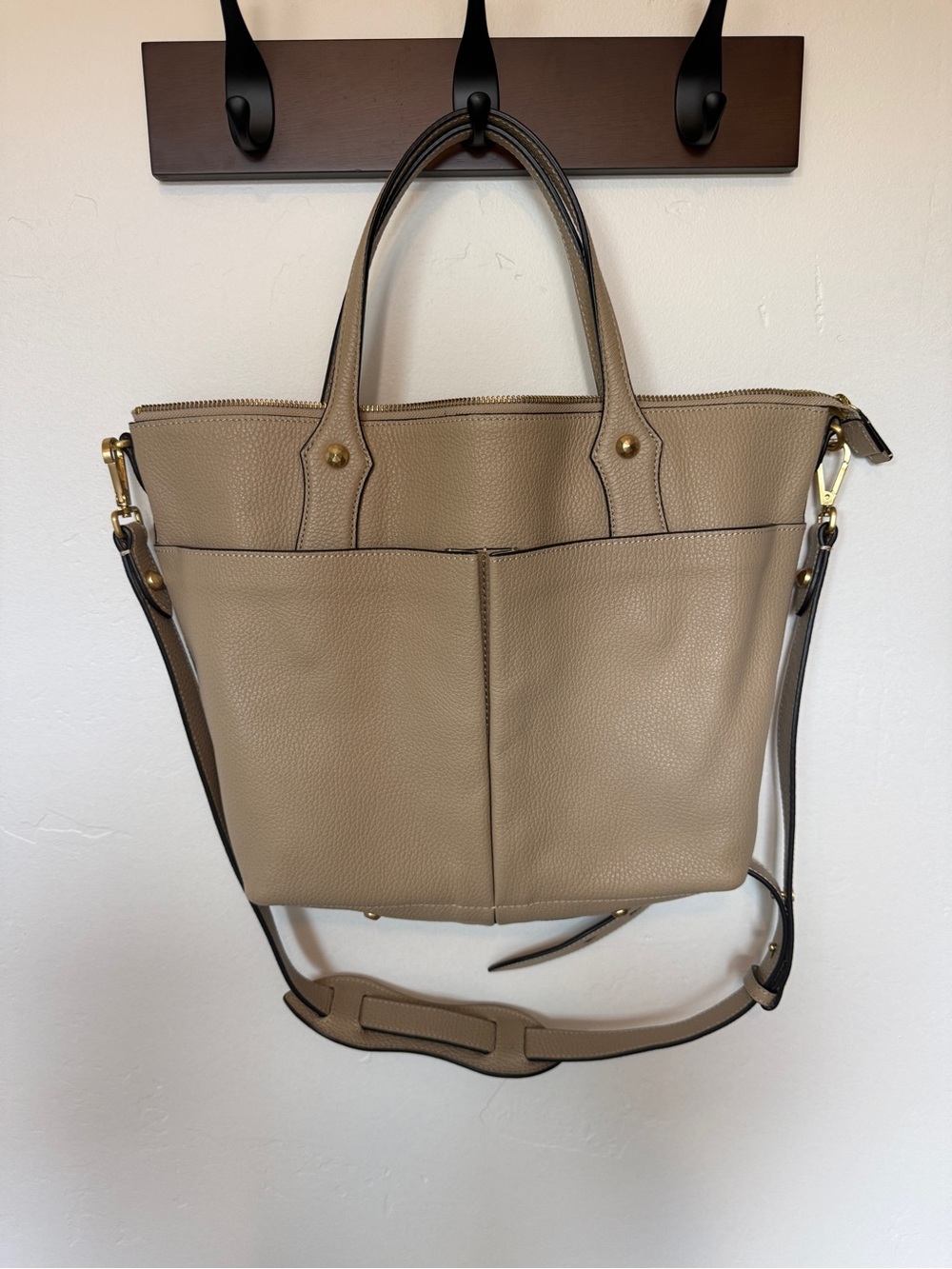 Annabel Ingall Classic Taupe Leather Tote Bag with Shoulder Strap